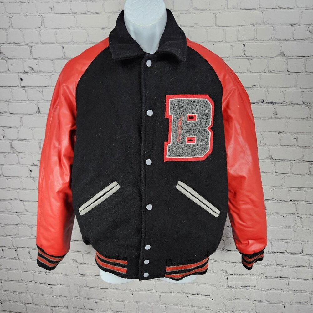 CenTex Black Red Wool Blend Retro Varsity Letterman School Snap Jacket Medium M